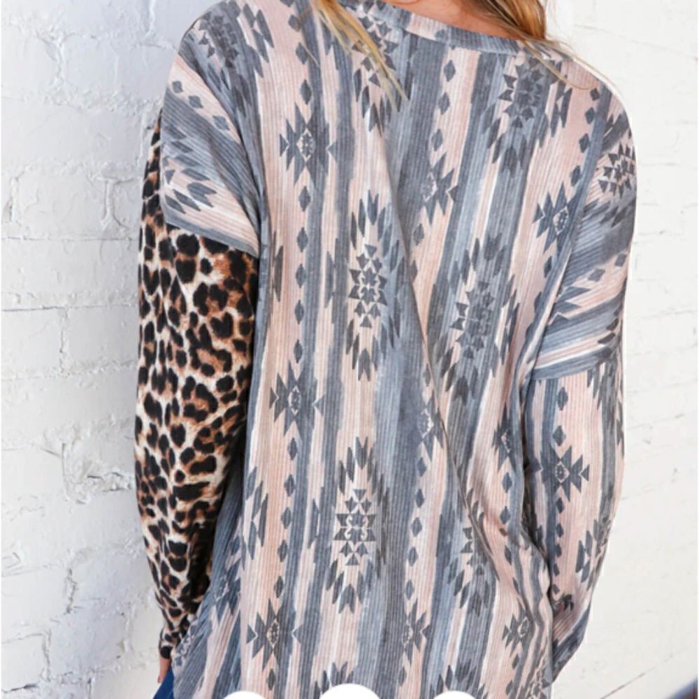 Aztec Leopard Print Color Block Rib Placket Button Front Tunic Top Buttery Soft - Picture 4 of 12